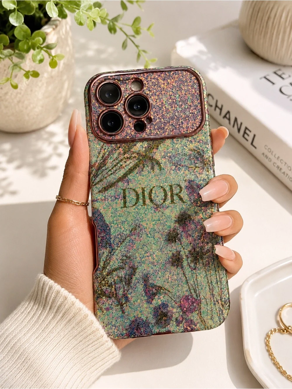 DIOR-Style Green Glitter Floral iPhone Case - Sparkle Camera Frame